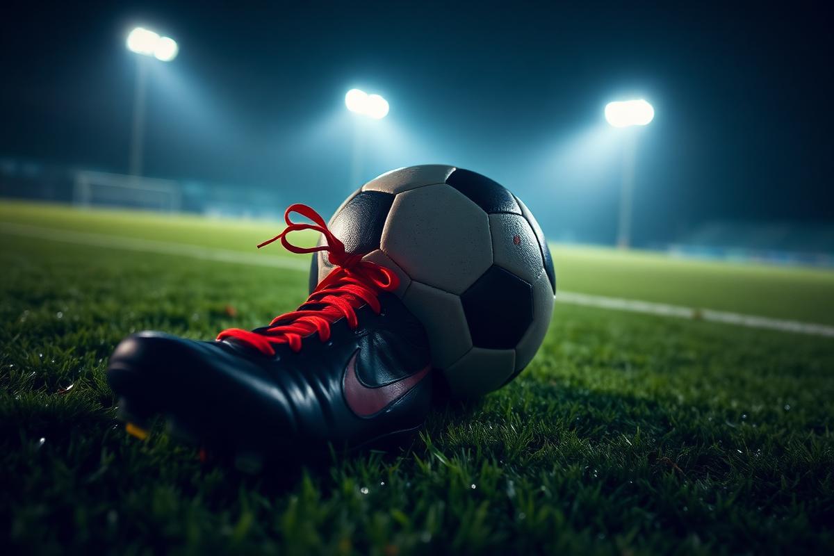 Bota y balón sobre el césped de un campo iluminado
