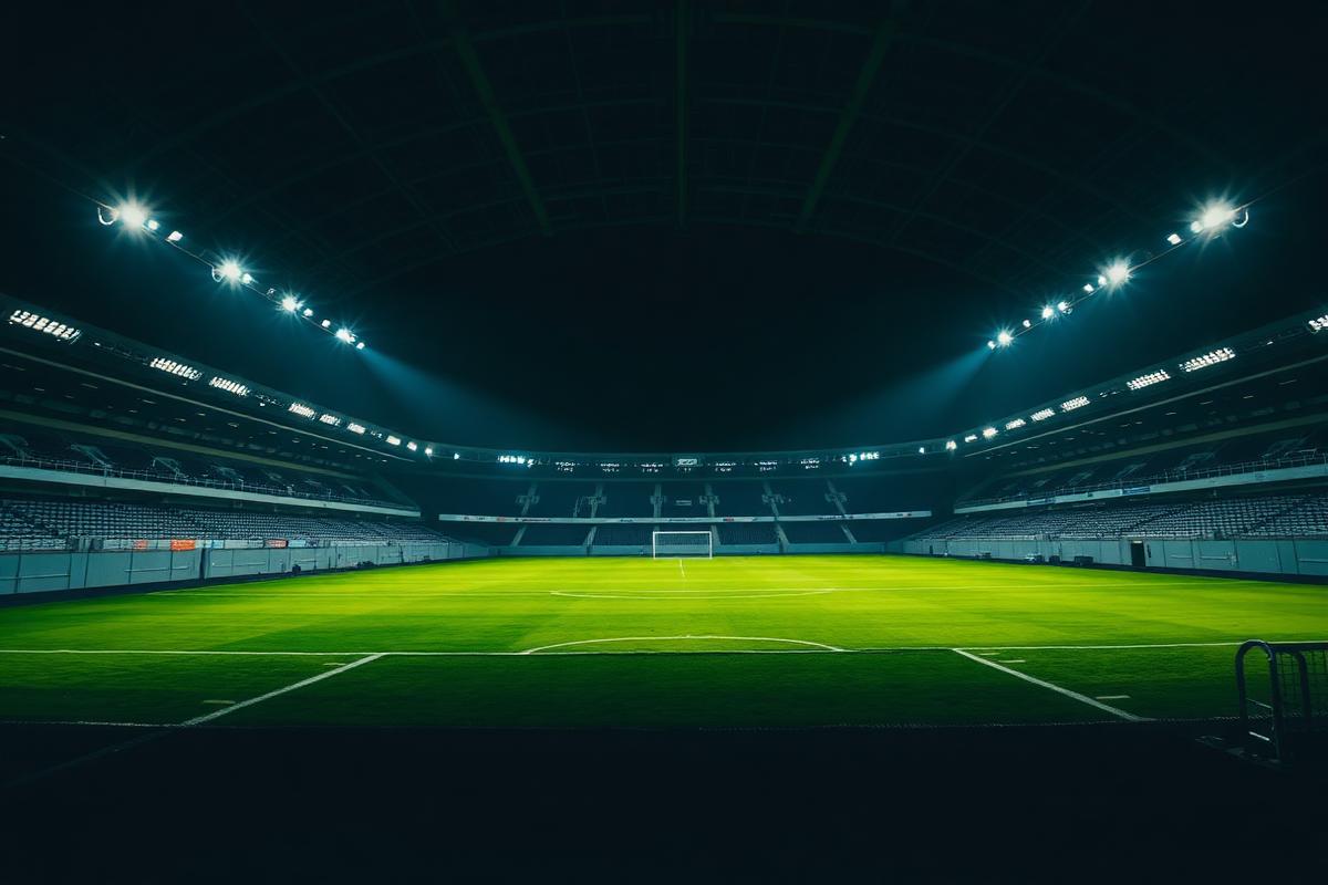Estadio vacío iluminado con el césped en primer plano