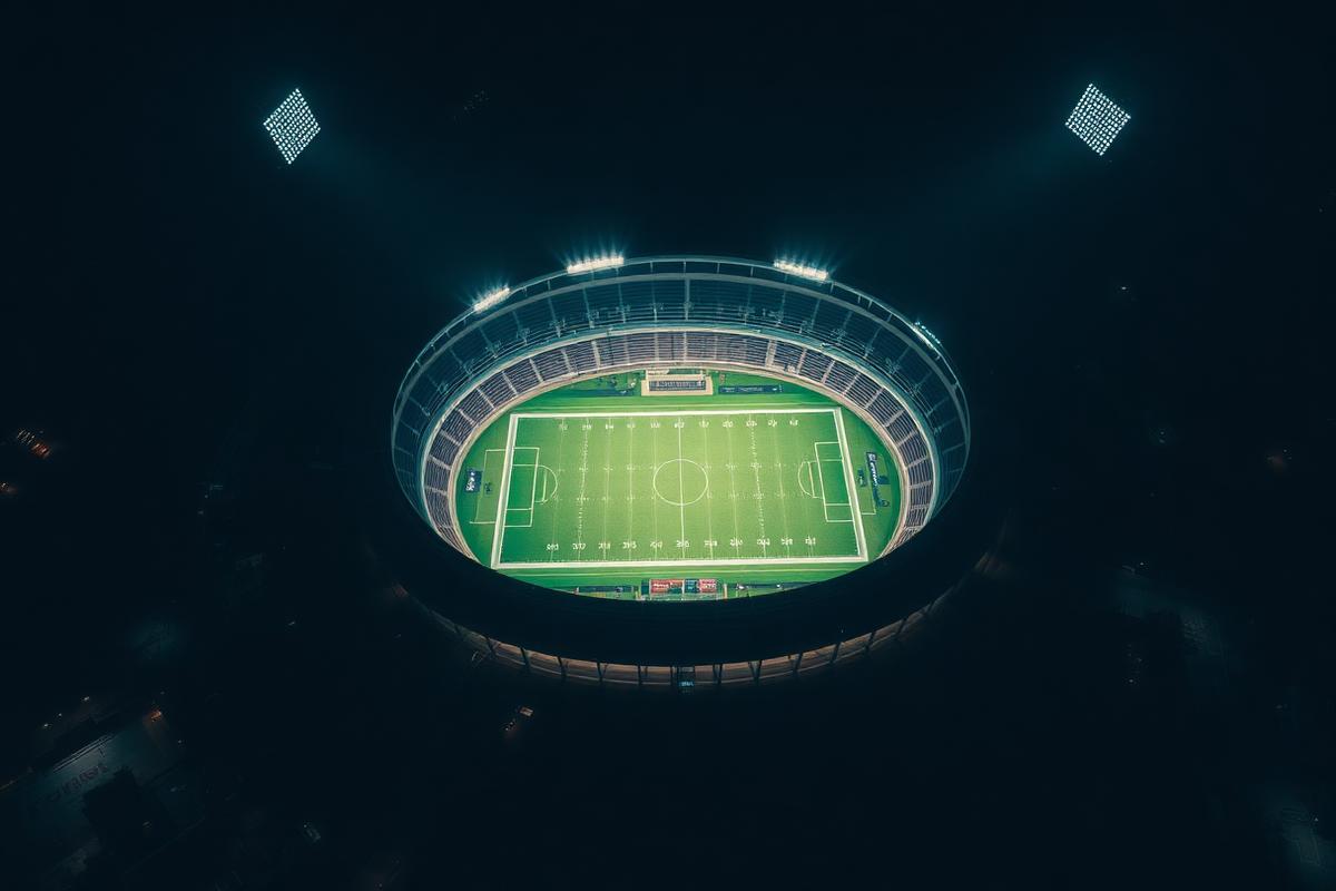 Vista aérea nocturna de un estadio de fútbol iluminado